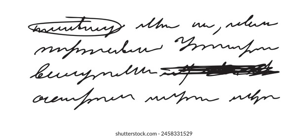 Texto manuscrito ilegible. Palabras de escritura a mano. Letras Abstractas poéticas de trabajo escrito pluma. Ilustración vectorial