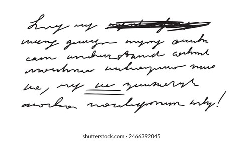 Unreadable handwritten text. Sweeping handwriting words. Poetic Abstract lettering work written pen. Vector illustration