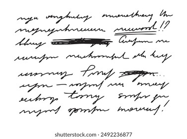 Unreadable handwritten text. Sweeping handwriting words. Poetic Abstract lettering work written pen. Vector illustration