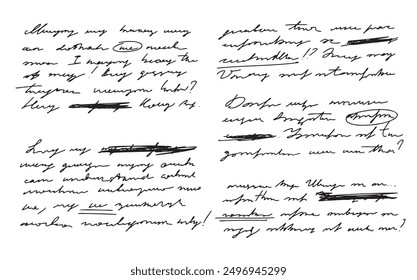 Unreadable handwritten text. Sweeping handwriting words. Poetic Abstract lettering work written pen. Vector illustration