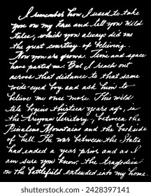 Unreadable manuscript letter.Vintage handwriting calligraphy texture.Abstrac retro white ink-written text.Black paper background.Scrapbook design pattern template.Lettering.Words.Letters art.Aged page