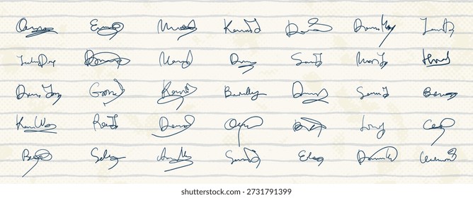 Firmas manuscritas de Vector ilegibles en papel rayado, muestras de autógrafos para certificados de muestra, Plantillas y documentos 