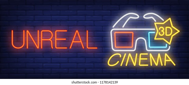 Unreal 3D Cinema neon sign. 3D glasses on brick wall background. Vector illustration in neon style for cinema house advertising