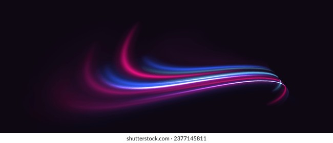 Unreal abstract background. Futuristic dynamic motion technology. Purple and blue wave swirl, impulse cable lines. Light glowing effect. Light trail wave, fire path trace line. Vector illustration.