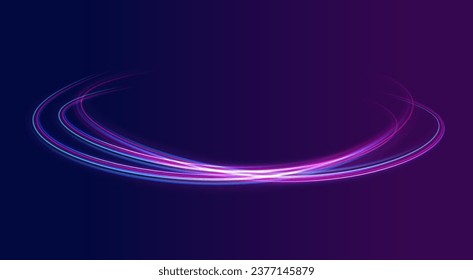 Fondo abstracto irreal. Tecnología de movimiento dinámico futurista. Giro de ondas moradas y azules, líneas de cable de impulso. Efecto luminoso. Ola ligera del sendero, línea de seguimiento del camino de incendios. Ilustración vectorial.