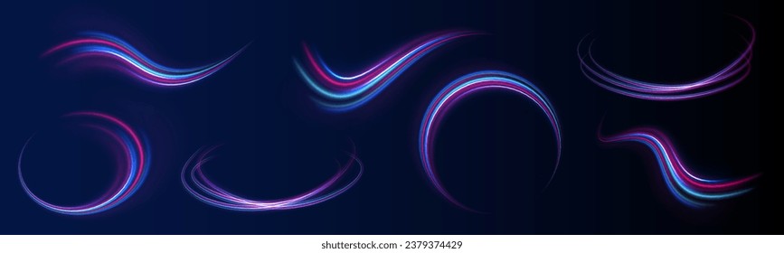Fondo abstracto irreal. Tecnología de movimiento dinámico futurista. Giro de ondas moradas y azules, líneas de cable de impulso. Efecto luminoso. Ola ligera del sendero, línea de seguimiento del camino de incendios. Ilustración vectorial.