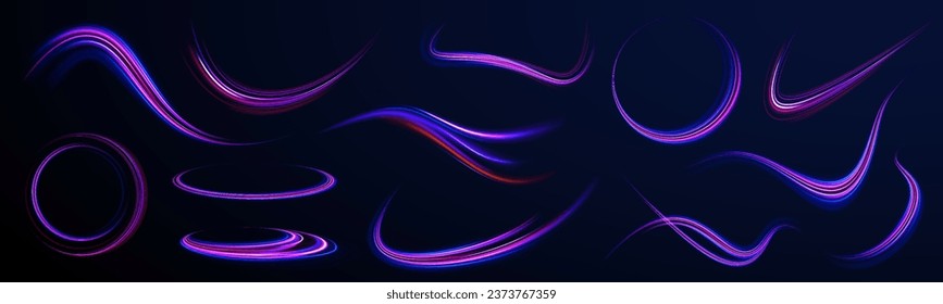 Fondo abstracto irreal. Fondo de líneas brillantes de color neón, efecto de trazas de luz de alta velocidad. Tecnología de movimiento dinámico futurista. Círculo vectorial brillante. Giro violeta de onda de resplandor, líneas de cable de impulso. 