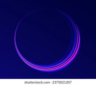 Unreal abstract background. Neon color glowing lines background, high speed light trails effect. Futuristic dynamic motion technology. Glow vector circle. Purple glow wave swirl, impulse cable lines. 