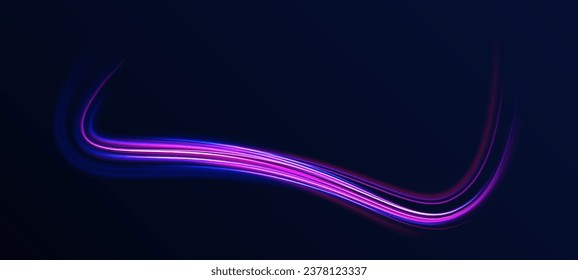 Unreal abstract background. Neon color glowing lines background, high speed light trails effect. Futuristic dynamic motion technology. Glow vector circle. Purple glow wave swirl, impulse cable lines. 