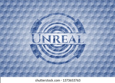 Unreal blue badge with geometric pattern background.