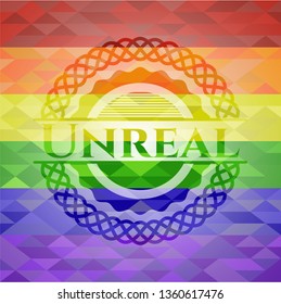 Unreal emblem on mosaic background with the colors of the LGBT flag