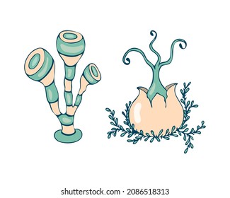 Unreal fantastic mushrooms hand-drawing doodling, isolated, white background. Vector illustration