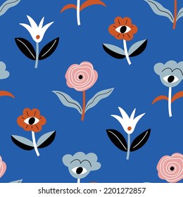 Unreal floral seamless pattern design. Hand-drawn vector flowers. Stylish decorative psychedelic floral repeat background. 