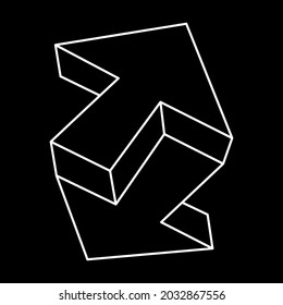 Unreal geometric figures. Impossible objects. Arrows isolated on a black background. Vector outline illustration. Optical art shapes. Sacred geometry. Optical illusion figure.