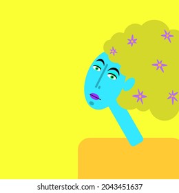 Unreal portrait of  girl with flowers in her flowing curly hair on yellow background. Flat surreal character.