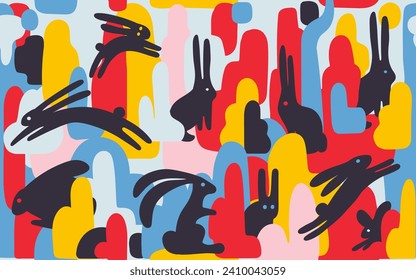 Unreal rabbits in a bizarre forest. Abstract vector illustration with animals and trees. Seamless pattern
 fantastic