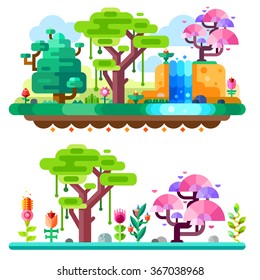 Unreal tropical forest on landscape made with marvelous colors. African jungle. Fairy forrest. Flat vector illustration set. 