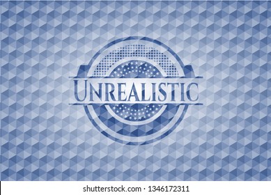 Unrealistic blue emblem or badge with geometric pattern background.