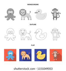 An unrealistic flat,outline,monochrome animal icons in set collection for design. Toy animals vector symbol stock web illustration.