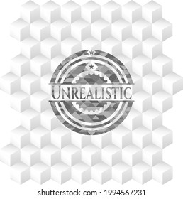 Unrealistic grey emblem. Retro with geometric cube white background. 