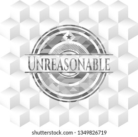 Unreasonable grey emblem with geometric cube white background