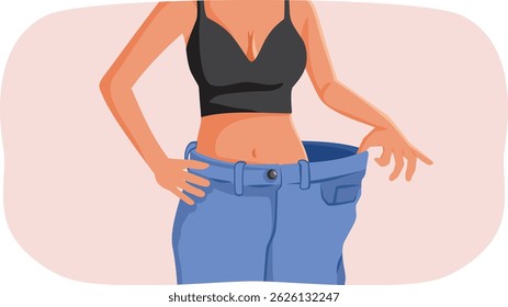 
Unrecognizable Lady Showing Off her Weight Loss Vector Illustration. person who went through a dramatic body transformation 
