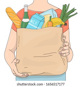 Unrecognizable person carries a paper bag from a supermarket with products. Foods, fruits, vegetables, and space for your text. Colorful vector illustration on white background. Hand-drawn.