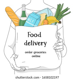 Unrecognizable person carries a paper bag from a supermarket with groceries and advertising on it. Food delivery. Vector illustrations. Hand-drawn. Black outline on a white background.