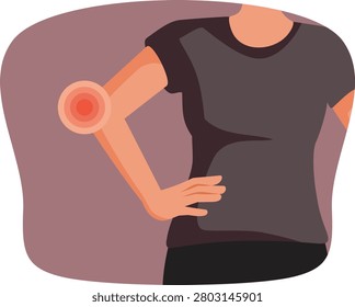 Unrecognizable Person Holding Hip With Red Pain Signal On Painful Elbow. Vector illustration of a person suffering from elbow pain highlighted with red signal. 
