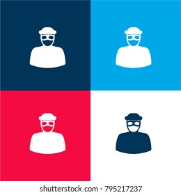 Unrecognizable robber with eyes mask four color material and minimal icon logo set in red and blue