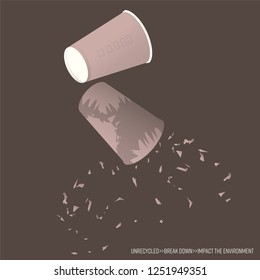 Unrecycled single-use coffee cup break down with a scatter of fragments. Plastic waste resulting concept. Vector illustration.