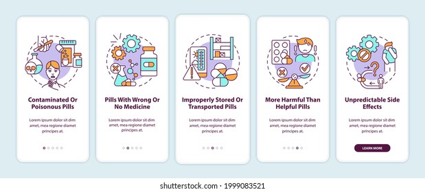 Unregistered pharmacies threats onboarding mobile app page screen with concepts. Contaminated, poisonous pills walkthrough 5 steps graphic instructions. UI vector template with RGB color illustrations