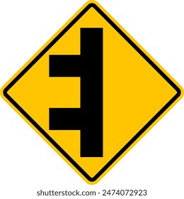 Unregulated intersection with an adjacent road. From left side. Sign for merging road on left side. Road junction. A junction where one street or road intersects another. Warning yellow sign.