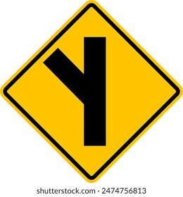 Unregulated intersection with an adjacent road. From left side. Sign for merging road on left side. Road junction. A junction where one street or road intersects another. Warning yellow sign.