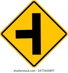 Unregulated intersection with an adjacent road. From left side. Sign for merging road on left side. Road junction. A junction where one street or road intersects another. Warning yellow sign.