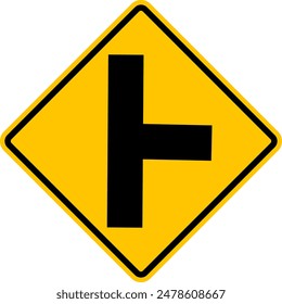 Unregulated intersection with an adjacent road. From right side. Sign for merging road on right side. Road junction. A junction where one street or road intersects another. Warning yellow sign.