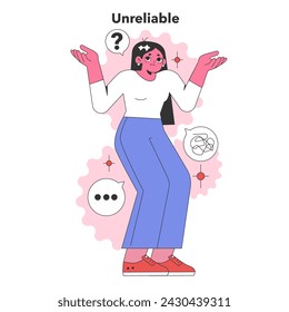 Unreliable concept. Person with shrug and question marks depicts uncertainty, broken promises symbolized by cracked clock. Trust issues shown. Flat vector illustration