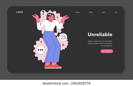 Unreliable concept. Person with shrug and question marks depicts uncertainty, broken promises symbolized by cracked clock. Trust issues shown. Flat vector illustration