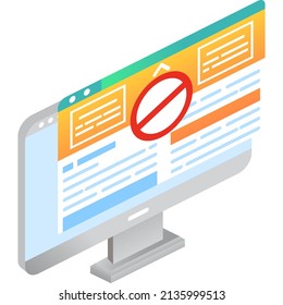 Vector de sitio no confiable. 3d pantalla isométrica de PC con icono de sitio web de virus aislado en fondo blanco