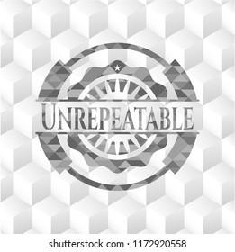 Unrepeatable grey badge with geometric cube white background