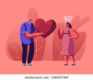 Unrequited Love Concept. Loving Man Giving Huge Red Heart to Woman Rejecting his Feelings Saying No. Male and Female Characters Relationship, People Dating and Parting. Flat Vector Illustration