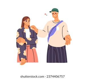 Unrequited love concept. Man confessing affection to embarrassed woman. Awkward uncomfortable communication. Unwanted romantic relationships. Flat vector illustration isolated on white background