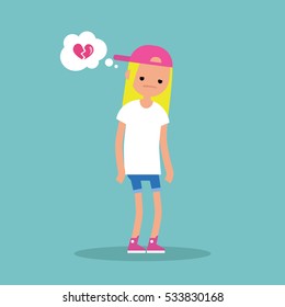 Unrequited love concept: young blond girl with a broken heart / editable flat vector illustration