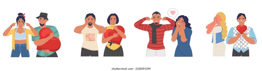 Conjunto de parejas de amor no correspondidas, ilustración aislada de vector plano. Amor no recíproco o de un lado.