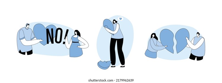 Unrequited Love, End of Loving Relations Concept. Man and Woman with Broken Heart, Girl Reject Male Feelings Saying No. Characters Relationship, People Parting. Line Art Flat Vector Illustration