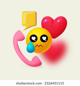 Unrequited love and feelings concept. Yellow ball with face, phone and heart. Emotion expression.