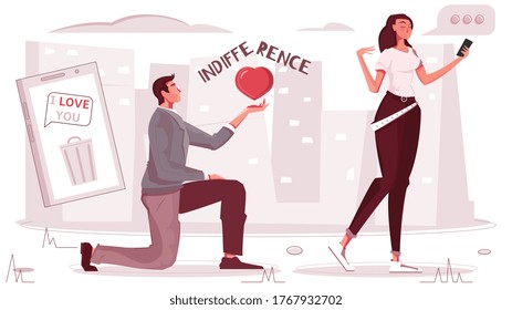 Composición plana de amor no correspondida con fondo de paisaje urbano y burbujas de pensamiento con texto y caracteres de ilustración vectorial de amantes