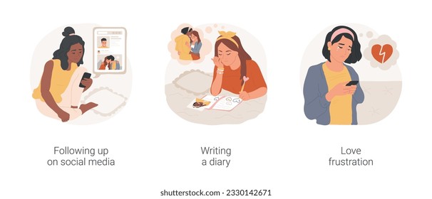 Unrequited love isolated cartoon vector illustration set. Teenage girl following up boy on social media, writing a diary, drawing hearts, love frustration, unhappy love, teen frustration vector