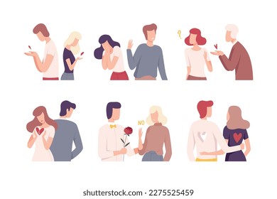 Unrequited love. Loving couples relationships set. People trying to save love flat vector illustration