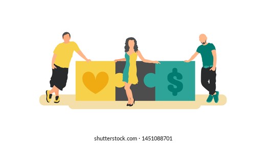 Unrequited love vector concept flat illustration. Two young man and one woman persons with puzzle. Сhoice between wealth and love
